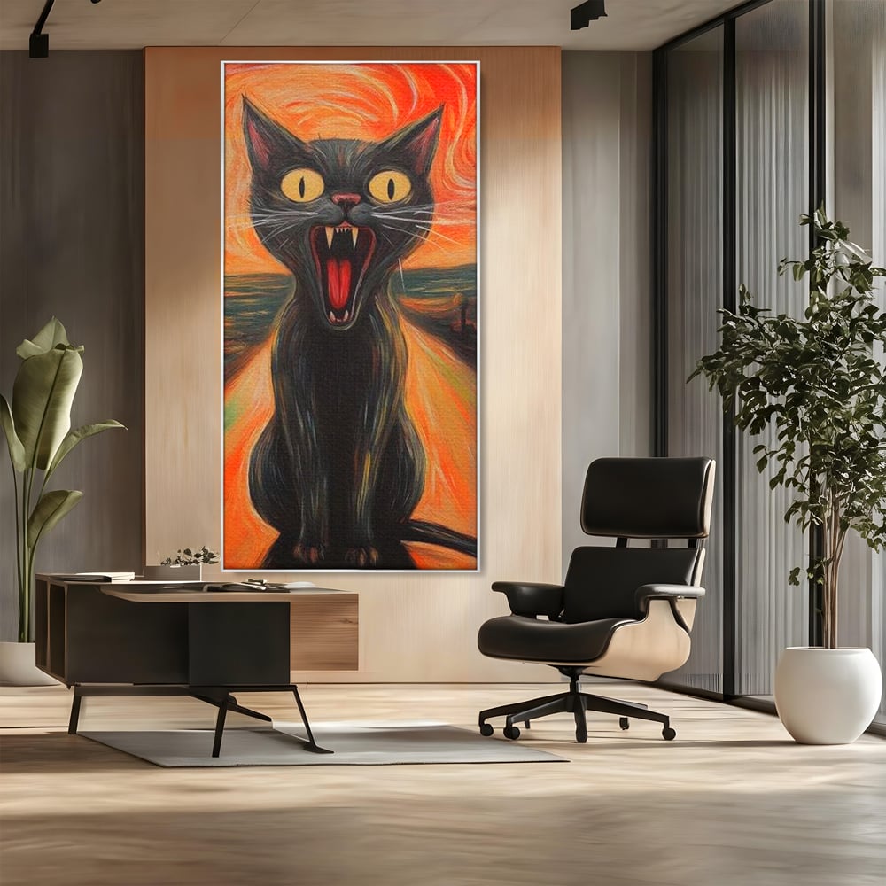 Tablou canvas cu tablou canvas cu pisica neagra care urla, in rama de aluminiu argintiu, pe perete intr-un birou